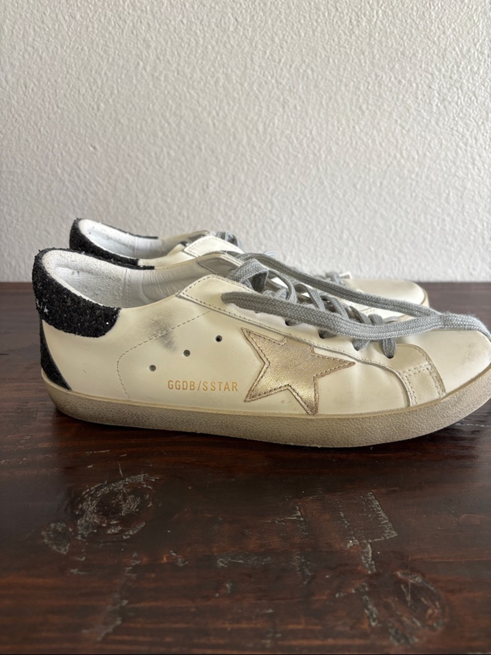 Golden Goose White Leather Sneakers with Black Glitter Heel Tab